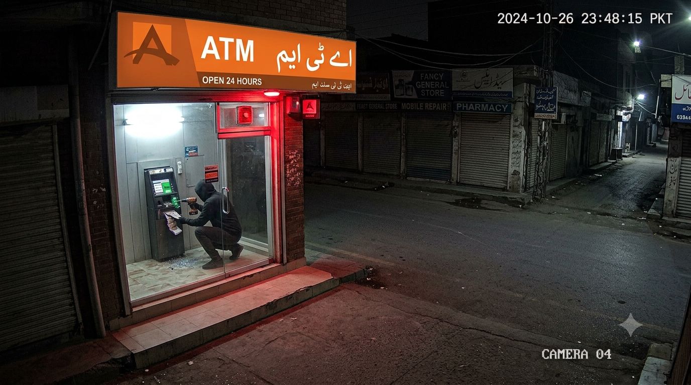 CCTV still of a hooded intruder breaking into a 24-hour ATM booth at night
