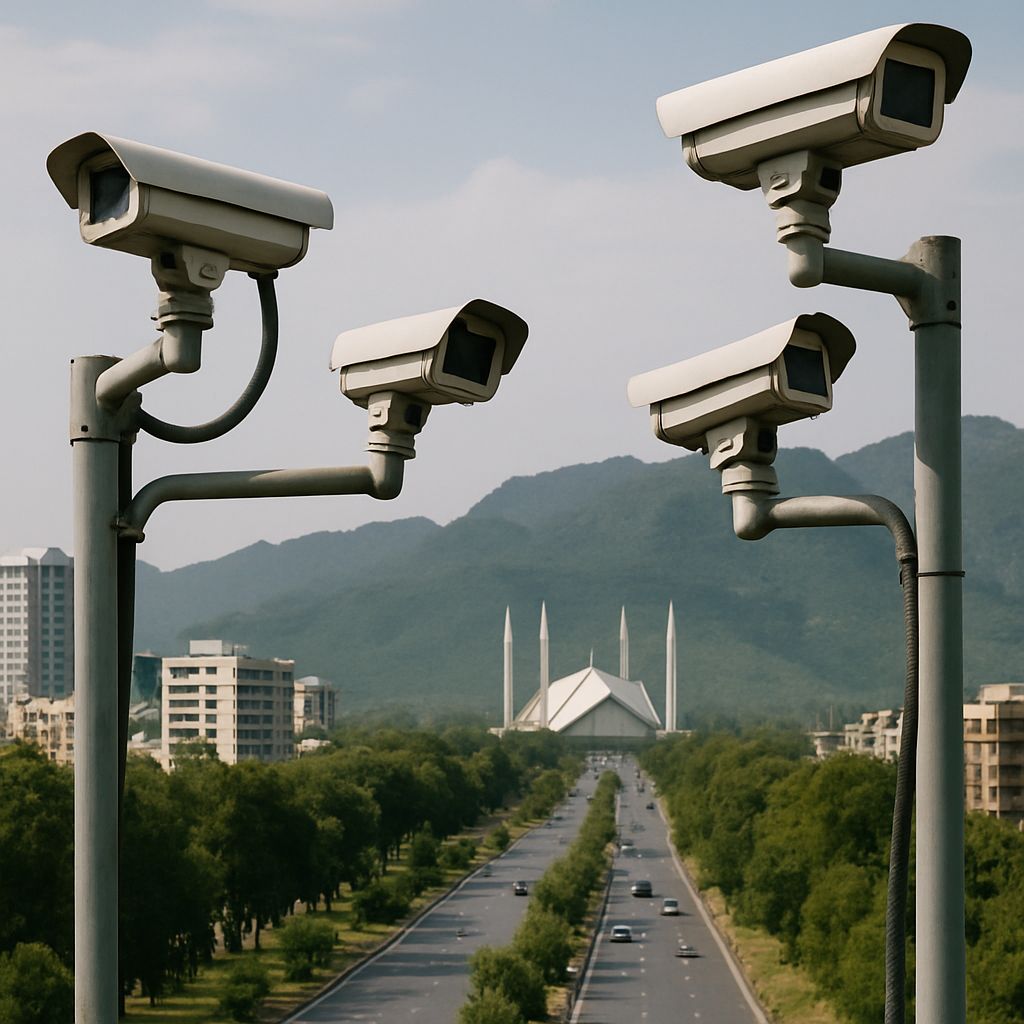 CCTV cameras overlooking an Islamabad avenue with Faisal Mosque in the distance